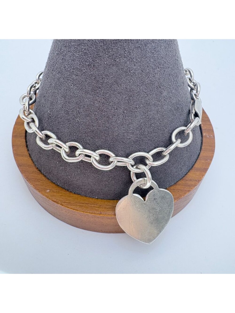 Heart Tag Round Link Sterling Silver 925 Chain Bracelet Size 8.5" Length